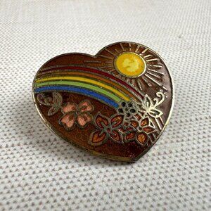 Vintage Enamel Heart Pin W/ Rainbow Sun & Flowers Design 1" Size Gold Tone Back